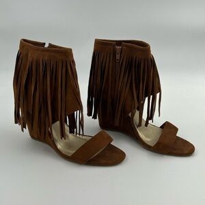 Adriana Brown Fringe Open Toe Wedges